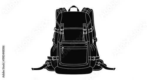 A detailed black silhouette of a hiking backpack with multiple compartments and adjustable straps presented against a white background silhouette