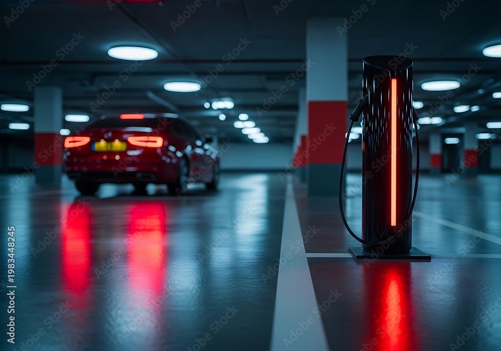 Fototapeta premium Electric car charging at night in modern parking garage with red lighting
