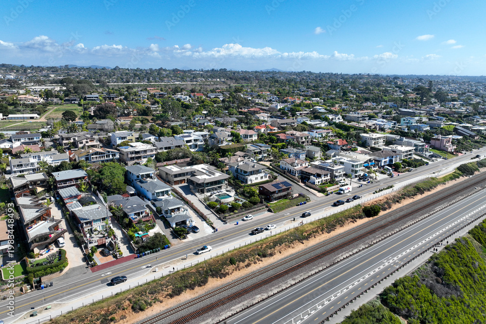 Fototapeta premium Aerial drone photo of Cardiff with nice house, West Coast of California, Encinitas, United States of America
