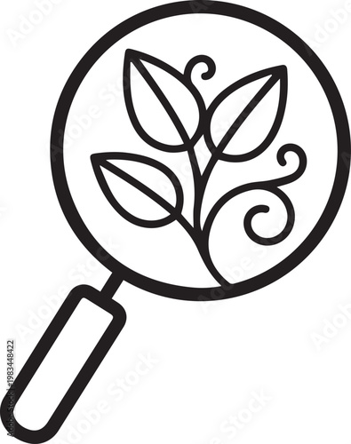 Premium Handheld Magnifying Glass Vector Icon with Leafy Water Reflection for Search, Discovery, Inspection, and Analytical Applications in Research, Quality Control, Forensic