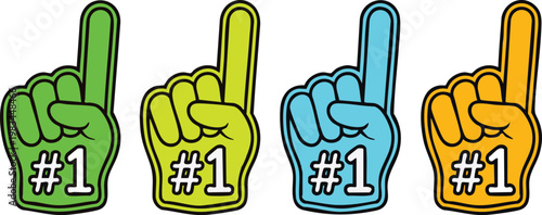 Fan foam hands number one set. Vector illustration of sports fan finger gloves with #1 sign. Collection of red, blue, green, black icons for game support. Winner champion concept.
