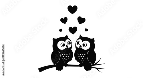 Two adorable owls perch on a branch surrounded by hearts creating a charming and loving scene a delightful silhouette