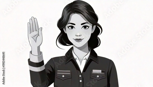 Woman in uniform raising hand in greeting or attention.