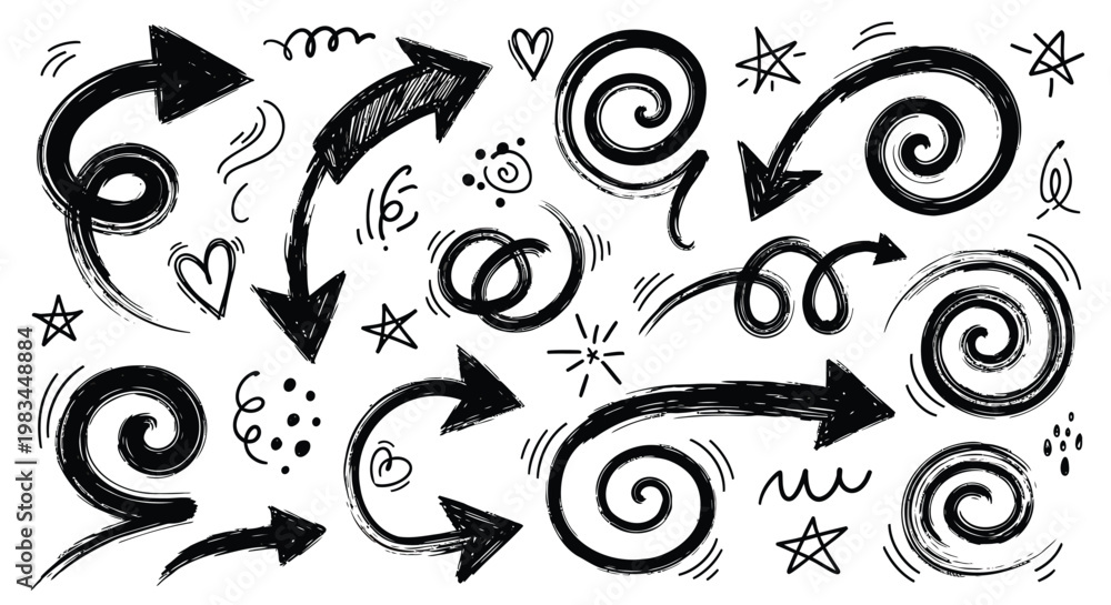 Naklejka premium Hand drawn arrows, swirls, doodle icons, black on white, directional symbols, vector graphics
