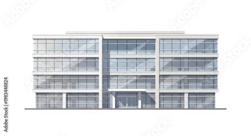 Modern Office Building Facade with Glass Windows and Entrance.