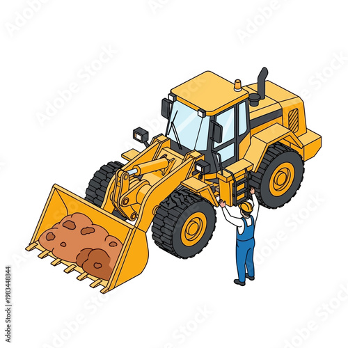 Construction worker inspects a yellow front loader vehicle with a full bucket of dirt.
