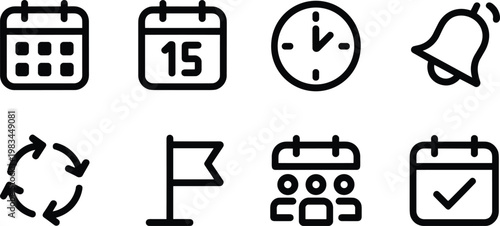 calendar, schedule, time, clock, reminder, event, date, notification, planning, meeting, deadline, agenda, icon, vector, outline, minimal, line, design, symbol, collection