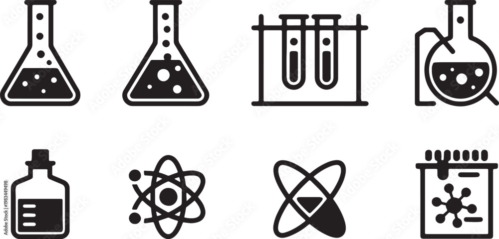 Fototapeta premium Set of chemistry laboratory equipment icons including flasks test tubes atoms and chemical bottles for science research. vector illustration