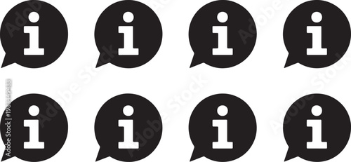 Eight identical black information sign icons within speech bubbles against a transparent background, conveying important messages.