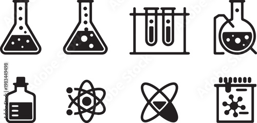 Set of chemistry laboratory equipment icons including flasks test tubes atoms and chemical bottles for science research. vector illustration
