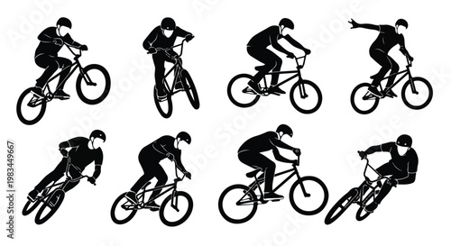 Collection of eight people riding bicycles in various positions and styles on a white background