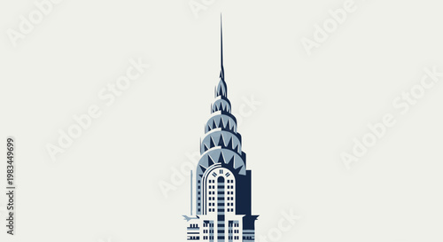 Stylized graphic of an iconic Art Deco skyscraper with tiered roof and spire