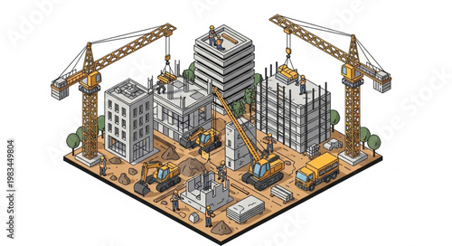 Cityscape construction site with cranes and buildings.