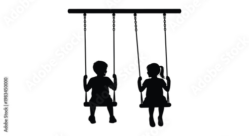 Two children joyfully swinging on a playground swing set creating a dark and striking silhouette high quality professional detailed modern elegant