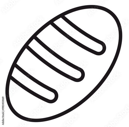 Minimalist black line art vector icon of a loaf of bread, artisan sourdough boule with diagonal score marks, isolated on white background, simple bakery symbol for food and cooking design.