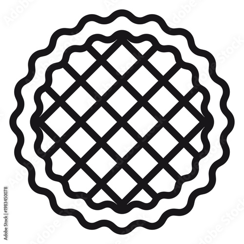 Lattice crust pie vector icon illustration. Minimalist black line art symbol of a baked tart or fruit pie with a scalloped edge, isolated on a white background for bakery, dessert, and food design.