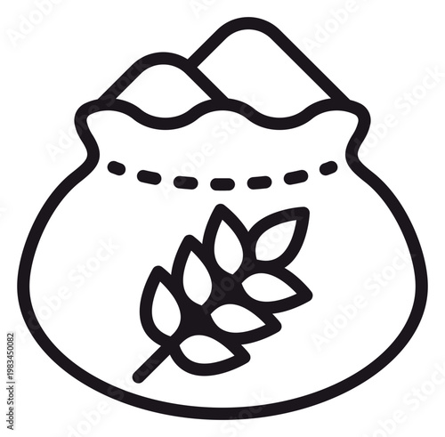 Bilde på lerret Black vector icon of a sack of grain or flour with a wheat ear symbol, minimalist line art illustration of a burlap bag filled with wheat for agriculture, food, and bakery concepts