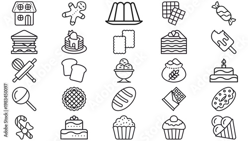 25 Black Vector Icon Set Collection: Food, Bakery, and Sweets Symbols including Bread, Cake, Ice Cream, Candy, Cupcakes, Donuts, Pancakes, Waffles, Kitchen Tools, Whisk, and a Cottage House Graphic.