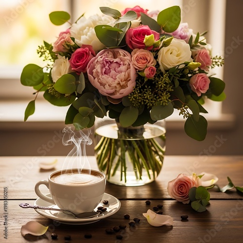 Floral arrangement and coffee cup on wooden table.