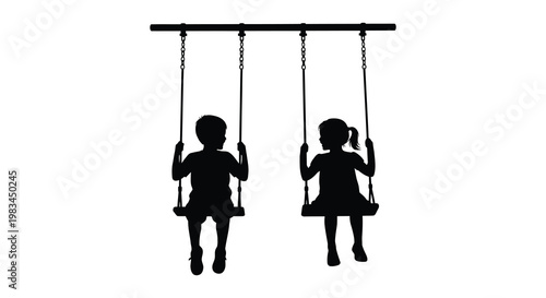 Two children joyfully swinging on a playground swing set depicted as a striking black silhouette high quality professional detailed modern elegant