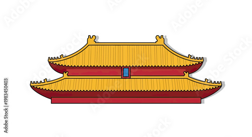 Stylized historical structure with tiered golden roofs and red walls