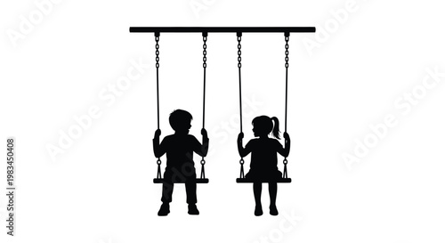Two children happily swing from a playground set against a plain white background creating a striking silhouette high quality professional detailed