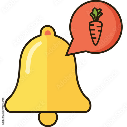 A cartoon bell speaks with a carrot in speech bubble outdoors
