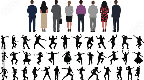 Vector illustration of formal professionals standing with dynamic silhouettes dancing and moving in expressive design