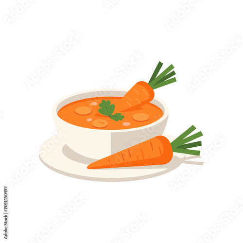 A bowl of carrot soup with two carrots and herbs on a plate indoors