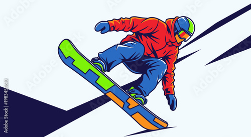 An active skier and snowboarder performing an extreme jump on a snowy mountain slope during a winter sports competition under a blue sky