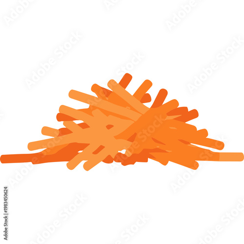 A bundle of orange straws spills out in a messy pile on a surface.