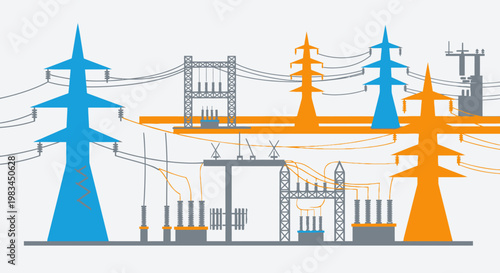 Abstract urban cityscape vector illustration featuring architectural building structures and industrial factory silhouettes with a modern column design