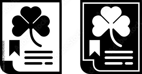 Contrasting graphic designs featuring shamrocks and document icons in black and white variants