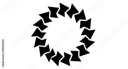 Abstract black circular pattern composed of interconnected angular shapes on a white background, resembling a stylized gear or loading icon.