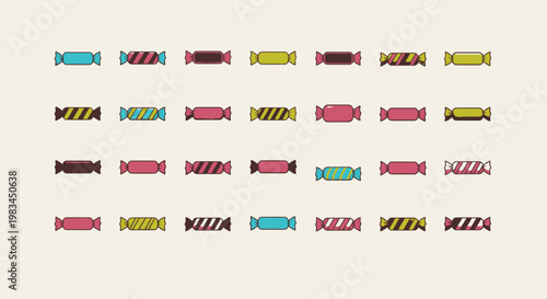 A grid of colorful wrapped candies with various striped and solid patterns on a light background.