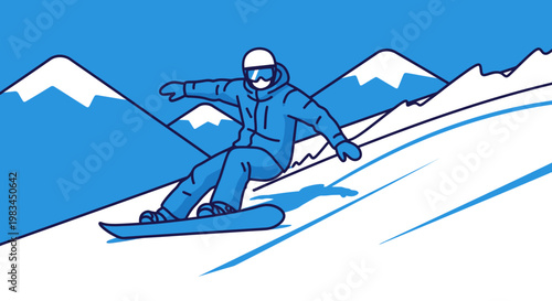 An illustration of a person snowboarding down a snowy mountain slope with blue mountains in the background, depicting winter sports and leisure.