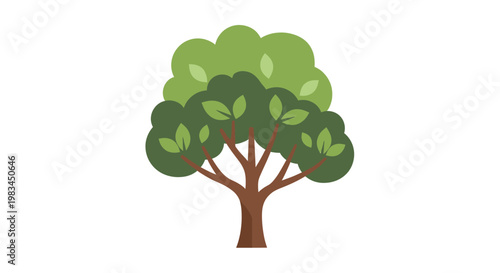 Stylized tree with brown trunk and layered green foliage on white background