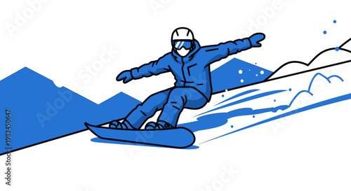 A blue and white illustration of a snowboarder descending a snowy mountain slope with snow flying.