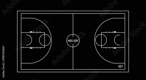 White outline drawing of a full basketball court on a black background, showing all standard markings and hoops.