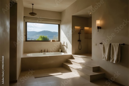 Modern minimalist bathroom with sunlit bathtub and mountain view through large window