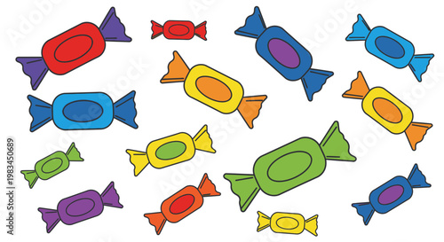 Colorful assortment of individually wrapped candies scattered on a white background, featuring various sizes and vibrant hues.