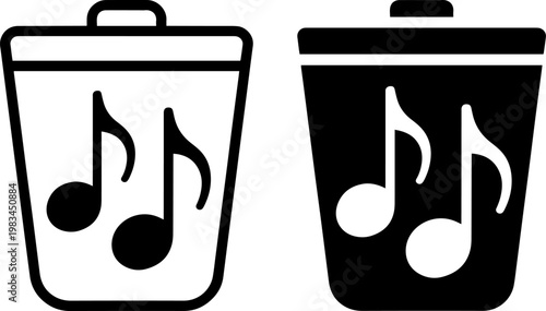 Trash bins featuring musical notes symbolizing recycling of old audio equipment or records