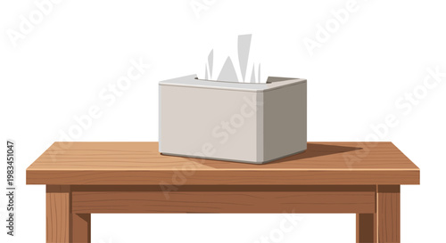 A minimalist grey rectangular tissue box stands prominently on a sturdy polished wooden table surface under bright even lighting against a white backdrop.