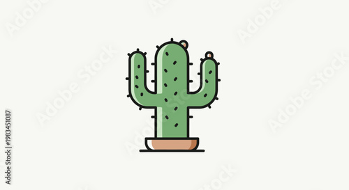 A simplistic green cactus with arms and a blossom in a brown pot