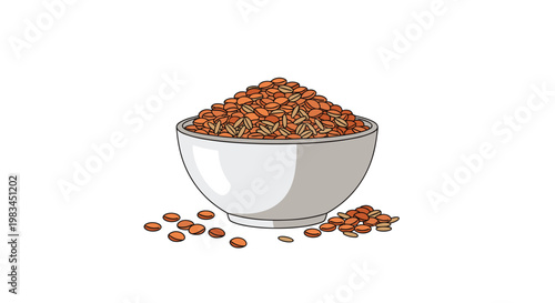 A deep white ceramic bowl overflows with a nutritious mixture of red lentils and brown whole grains resting on a plain white surface under soft diffused lighting.