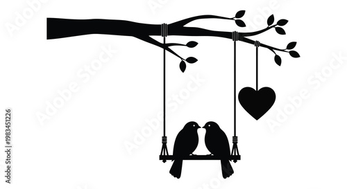 Two birds perched on a swing shaped like a heart hanging from a branch creating a romantic silhouette high quality professional