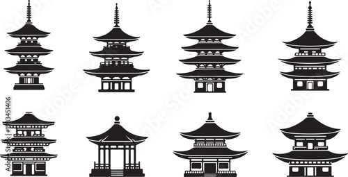 Black and white of traditional pagoda buildings with intricate roofs traditional architecture