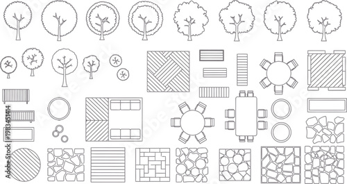 Comprehensive collection of architectural landscape design elements featuring various tree silhouettes furniture layouts and diverse paving patterns for professional site planning