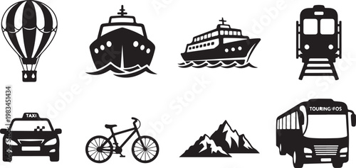 Black and white of transportation modes including car truck bicycle train bus and airplane de