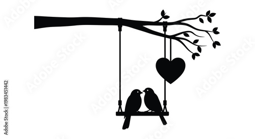 Two birds perch on a heart shaped swing suspended from a branch creating a romantic and peaceful scene silhouette high quality professional